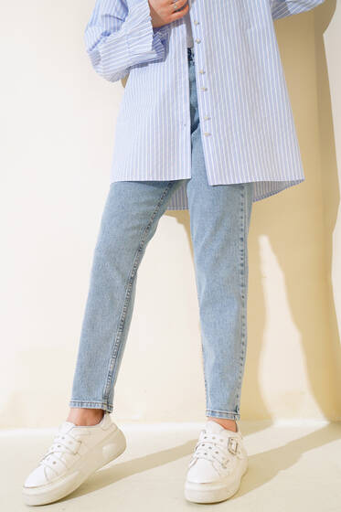 Dar Paça Mom Jean Kot Pantolon Açık Mavi - Pantolon