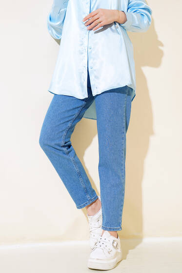 Dar Paça Mom Jean Kot Pantolon Mavi - Pantolon