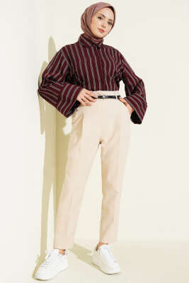 Dar Paça Pensli Kemerli Kumaş Pantolon Bej - Pantolon