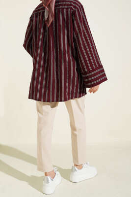 Dar Paça Pensli Kemerli Kumaş Pantolon Bej - Pantolon