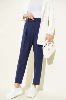 Dar Paça Pensli Kemerli Kumaş Pantolon Lacivert - FİXAY