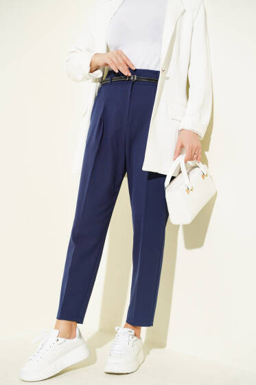 Dar Paça Pensli Kemerli Kumaş Pantolon Lacivert - Pantolon