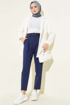 Dar Paça Pensli Kemerli Kumaş Pantolon Lacivert - Pantolon