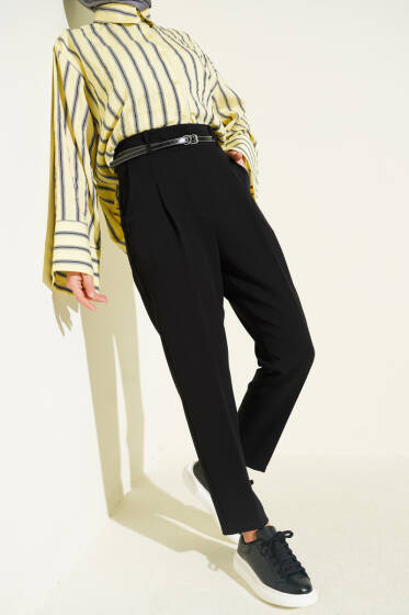 Dar Paça Pensli Kemerli Kumaş Pantolon Siyah - Pantolon