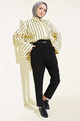 Dar Paça Pensli Kemerli Kumaş Pantolon Siyah - Pantolon