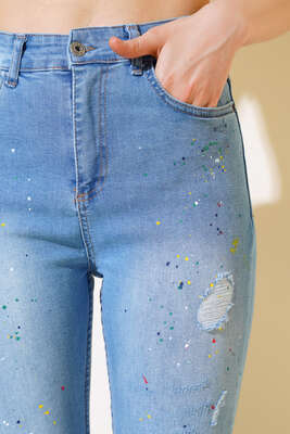 Dar Paça Renk Pigmentli Kot Pantolon Orta Mavi - Thumbnail