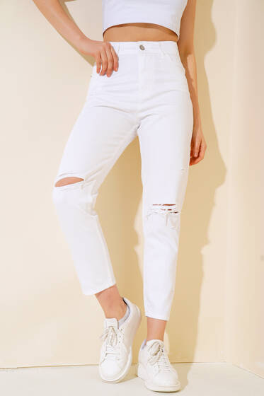 Dar Paça Yırtık Pantolon Beyaz - Yeni Giyim