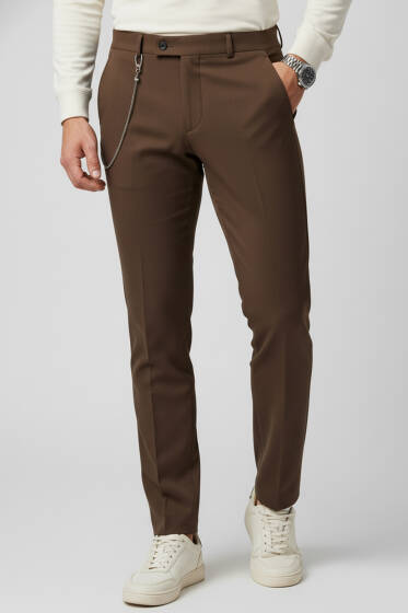 Dar Paça Zincir Detaylı Erkek Kumaş Pantolon Kahve - Erkek Pantolon