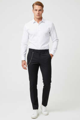 Dar Paça Zincir Detaylı Erkek Kumaş Pantolon Siyah - Erkek Pantolon