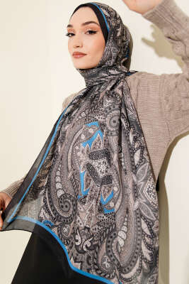 Dark Retro Desen Soft Şal Siyah Mavi - Başörtüsü