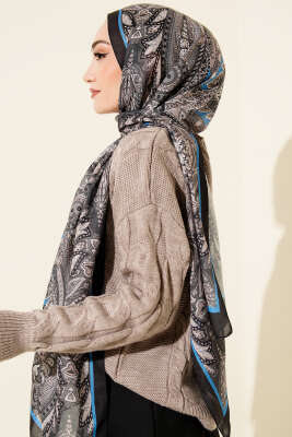Dark Retro Desen Soft Şal Siyah Mavi - Başörtüsü