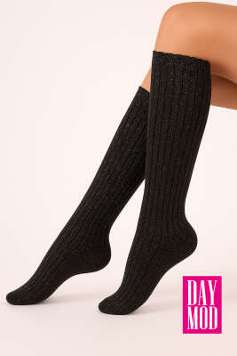Daymod Rib Fitilli Simli Dizaltı Çorap Siyah Gümüş - Yılın Fırsatı