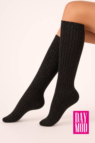 Daymod Rib Fitilli Simli Dizaltı Çorap Siyah Gümüş - Yılın Fırsatı