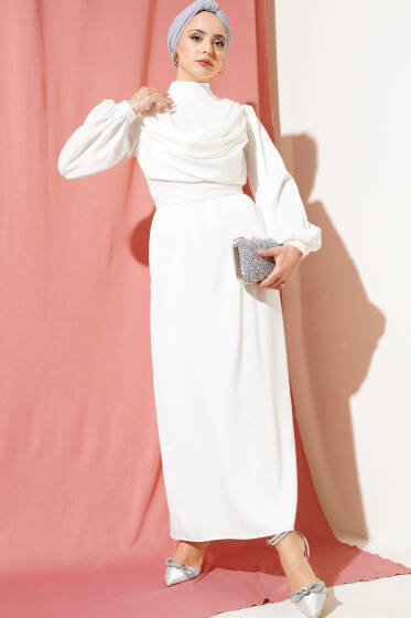 Degaje Yaka Abiye Beyaz - Elbise
