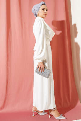 Degaje Yaka Abiye Beyaz - Tesettür Elbise
