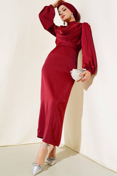 Degaje Yaka Abiye Bordo - Tesettür Elbise