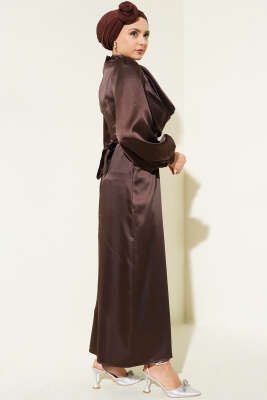 Degaje Yaka Abiye Kahve - Tesettür Elbise