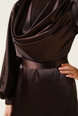 Degaje Yaka Abiye Kahve - Tesettür Elbise