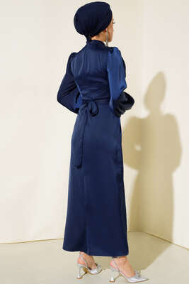 Degaje Yaka Abiye Lacivert - Tesettür Elbise