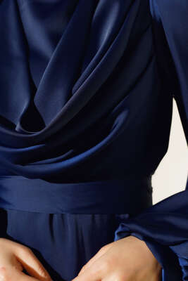 Degaje Yaka Abiye Lacivert - Tesettür Elbise