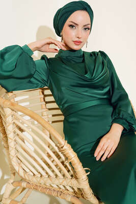 Degaje Yaka Abiye Zümrüt - Tesettür Elbise