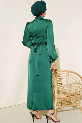 Degaje Yaka Abiye Zümrüt - Tesettür Elbise