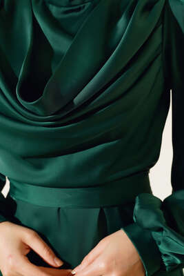 Degaje Yaka Abiye Zümrüt - Tesettür Elbise