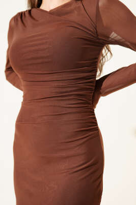 Degaje Yaka Bel Büzgülü Elbise Kahve - Kadın Giyim Modelleri