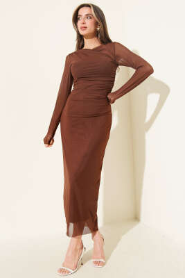 Degaje Yaka Bel Büzgülü Elbise Kahve - Kadın Giyim Modelleri
