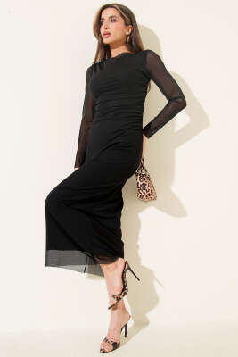 Degaje Yaka Bel Büzgülü Elbise Siyah - LUSTRİN