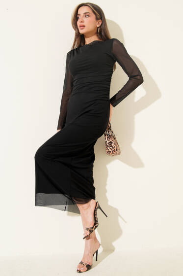 Degaje Yaka Bel Büzgülü Elbise Siyah - Kadın Giyim Modelleri