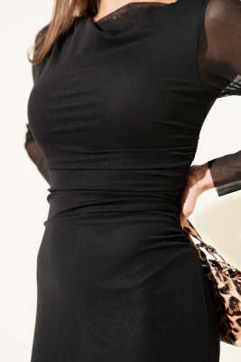 Degaje Yaka Bel Büzgülü Elbise Siyah - Kadın Giyim Modelleri