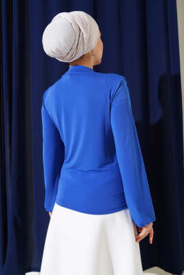 Degaje Yaka Bilek Lastikli Bluz Saks - Yeni Sezon Tesettür Bluz