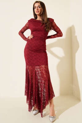 Degaje Yaka Dantelli Elbise Bordo - Günün Seçilenleri
