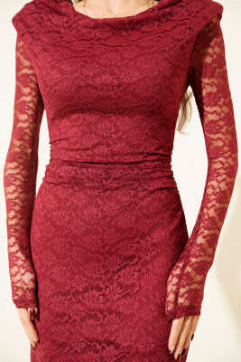 Degaje Yaka Dantelli Elbise Bordo - Günün Seçilenleri