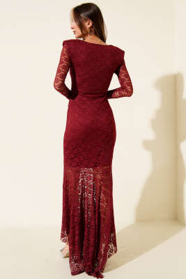 Degaje Yaka Dantelli Elbise Bordo - Kadın Giyim Modelleri