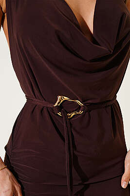 Degaje Yaka Gold Kemerli Elbise Kahve - Kadın Giyim Modelleri