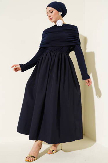 Degaje Yaka Görünümlü Beli Lastikli Elbise Lacivert - Elbise