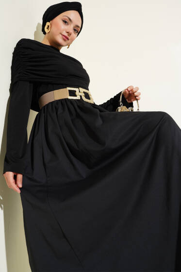 Degaje Yaka Görünümlü Beli Lastikli Elbise Siyah - Elbise