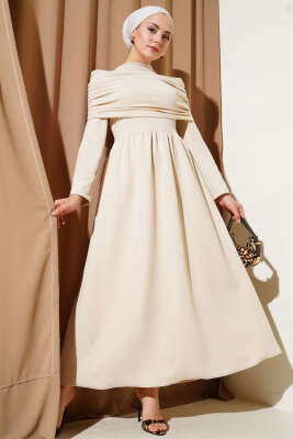 Degaje Yaka Görünümlü Elbise Bej - Tesettür Elbise
