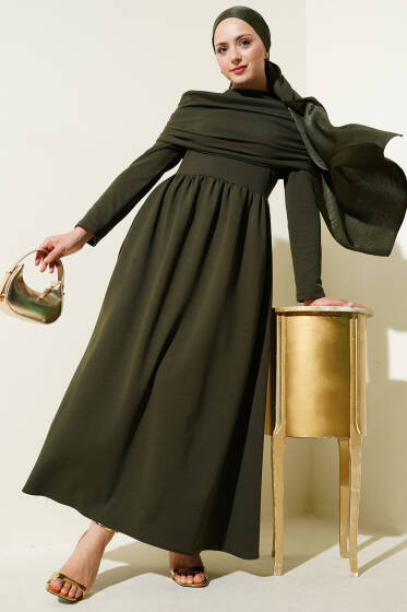 Degaje Yaka Görünümlü Elbise Haki - Elbise