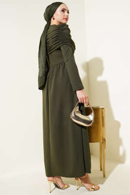 Degaje Yaka Görünümlü Elbise Haki - Tesettür Elbise