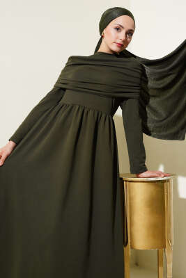Degaje Yaka Görünümlü Elbise Haki - Tesettür Elbise