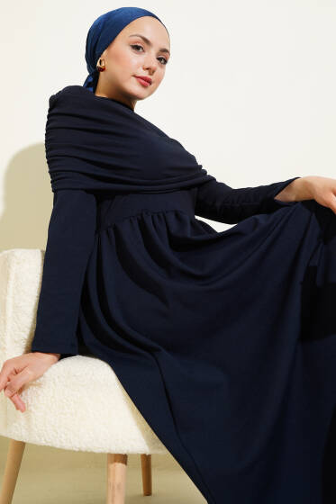 Degaje Yaka Görünümlü Elbise Lacivert - Elbise