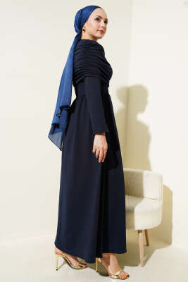 Degaje Yaka Görünümlü Elbise Lacivert - Tesettür Elbise