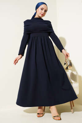 Degaje Yaka Görünümlü Elbise Lacivert - Tesettür Elbise
