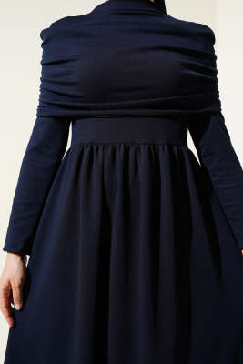 Degaje Yaka Görünümlü Elbise Lacivert - Tesettür Elbise