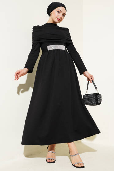 Degaje Yaka Görünümlü Elbise Siyah - Elbise