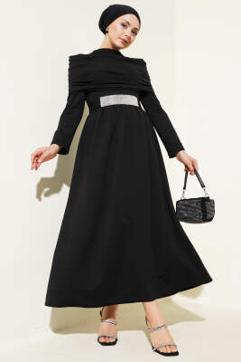 Degaje Yaka Görünümlü Elbise Siyah 