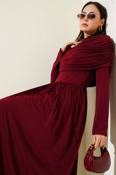 Degaje Yaka Görünümlü Sandy Elbise Bordo - Elbise